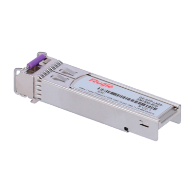 Módulo transceptor SFP prateado com etiqueta e parte roxa.
