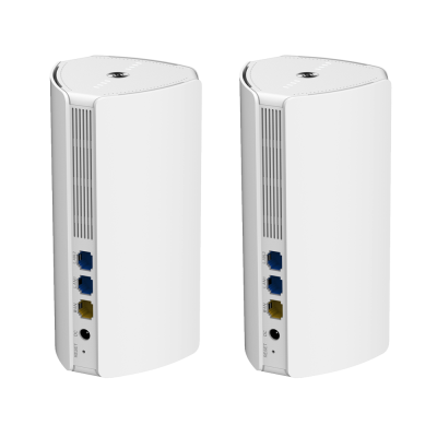 Dois dispositivos eletrónicos brancos com portas coloridas e ranhuras de ventilação