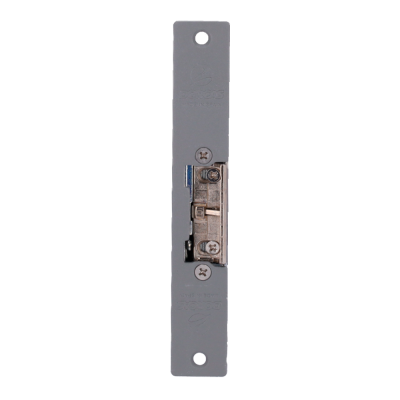 Fecho elétrico metálico cinza com componentes em metal prateado e parafusos visíveis