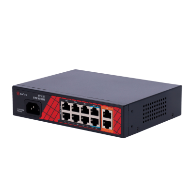Switch de rede Safire preto com 8 portas Ethernet e painel vermelho