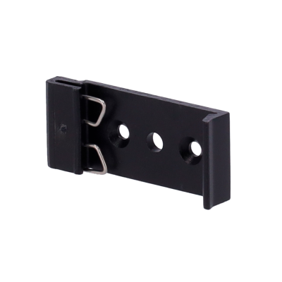 Peça preta de plástico com três furos e acessórios metálicos