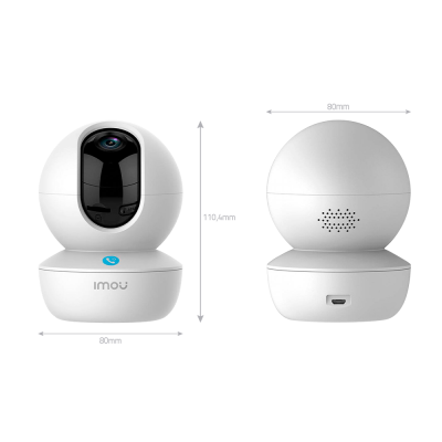 Câmara de segurança esférica branca IMOU com lente preta e medidas 104mm x 80mm