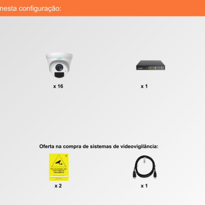 Sistema de Videovigilância com fios (IP) e Switch PoE, 16 Câmaras Turret com 2 mpx da Ajax