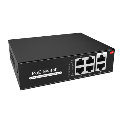 Comutador PoE preto com seis portas Ethernet e indicadores LED