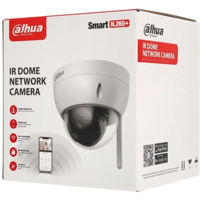 Caixa da câmara Dahua IR Dome Network Camera com texto e imagens explicativas