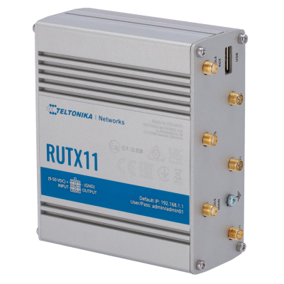 Dispositivo eletrónico TELTONIKA RUTX11 cinzento com antenas douradas