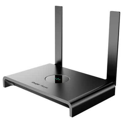 Router wireless preto com duas antenas e indicador verde central