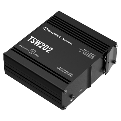 Dispositivo Teltonika Networks TSW202 preto com texto branco e código QR