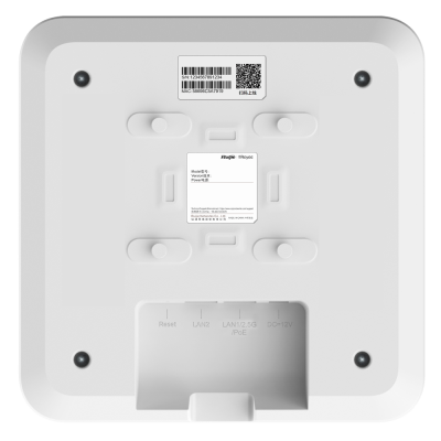 Parte traseira de dispositivo branco com etiquetas e conexões de rede