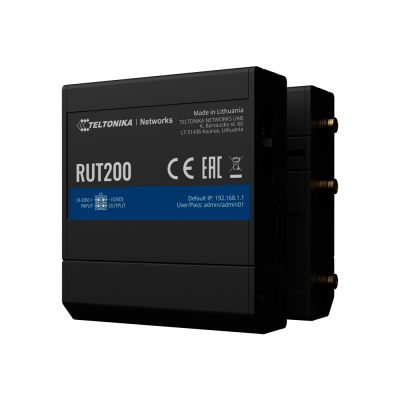 Roteador Teltonika RUT200 preto com etiquetas e conetores