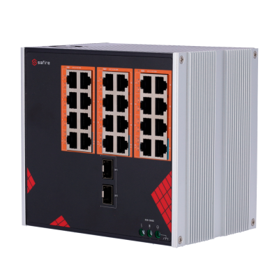 Switch Safire de Alimentação AC industrial 90~264V 24 portas Gigabit + 2 SFPs Gigabit 18 Portas PoE+ 30W + 6 Portas Hi-PoE 60W-Safire SF-SWI2624HIPOE-GF-AC-390-DIN