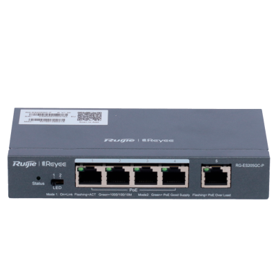 Comutador de rede Ruijie Reyee cinza escuro com cinco portas Ethernet e LEDs