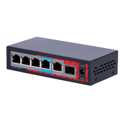 Switch de rede com cinco portas Ethernet e detalhes vermelhos e azuis