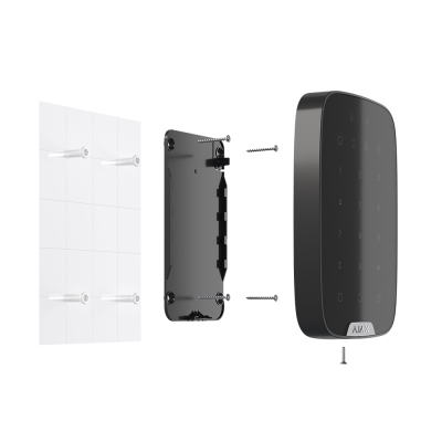 Dispositivo electrónico preto com teclado táctil e montagem em branco