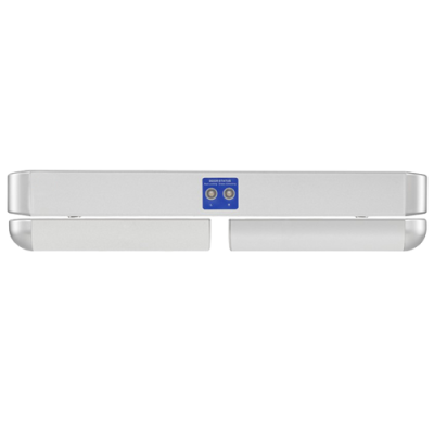 Dispositivo eletrônico branco com painel azul e portas douradas