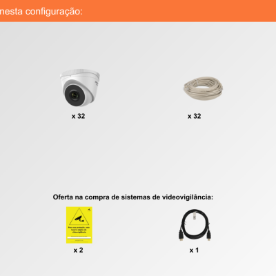 Sistema de Videovigilância com fios (IP) e Switch PoE, 32 Câmaras Turret com 4 mpx da Hikvision