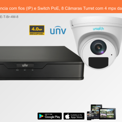 Sistema de Videovigilância com fios (IP) e Switch PoE, 8 Câmaras Turret com 4 mpx da Uniview