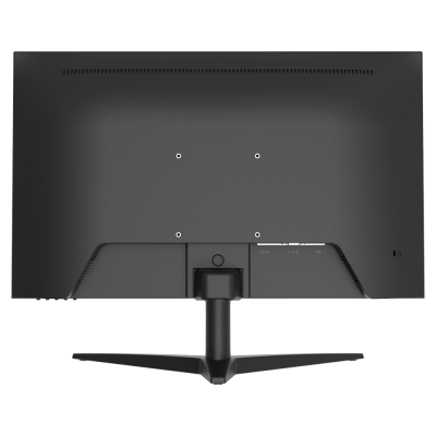 Monitor preto visto de trás com base triangular e conexões HDMI e D-SUB