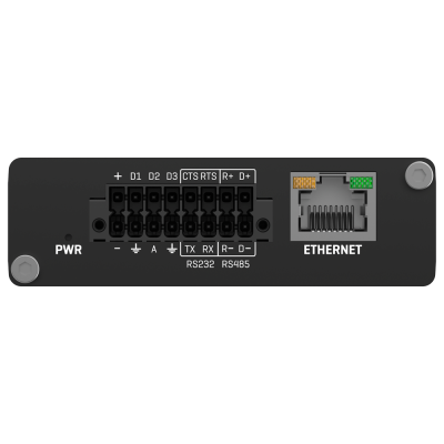Painel traseiro de equipamento eletrônico com conectores RS232, RS485 e porta Ethernet