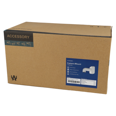 Caixa de cartão castanha para suporte de câmara com etiqueta azul detalhando características do produto