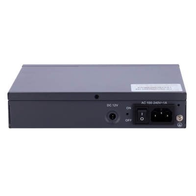 Dispositivo electrónico cinzento rectangular com porta DC 12V e interruptor ON/OFF.