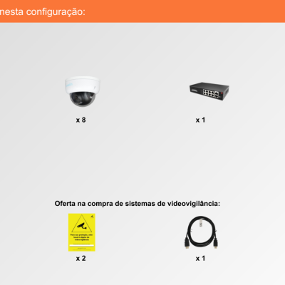 Sistema de Videovigilância com fios (IP) e Switch PoE, 8 Câmaras Mini-Dome com 2 mpx da Ajax