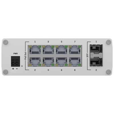 Dispositivo de rede branco com várias portas RJ45 e SFP