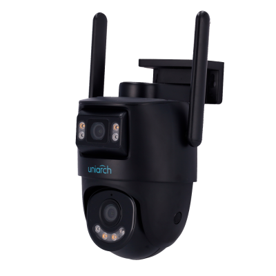 Câmara de segurança preta com duas antenas e dois sensores de imagem