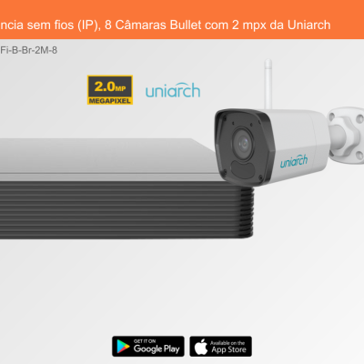 Sistema de videovigilância com 8 câmaras bullet brancas e gravador preto da Uniarch