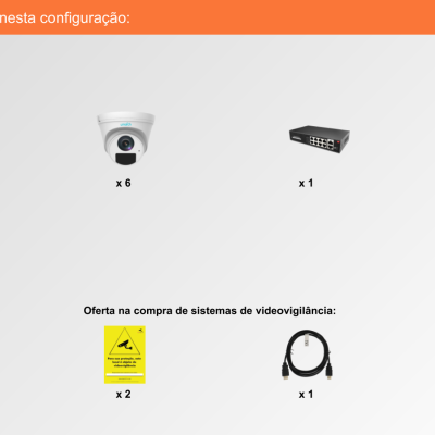 Sistema de Videovigilância com fios (IP) e Switch PoE, 6 Câmaras Turret com 4 mpx da Ajax