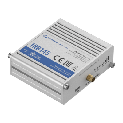 Dispositivo eletrónico cinza TRB145 com etiquetas e botões