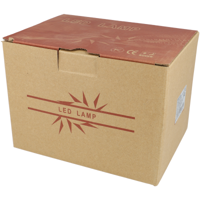 Caixa de papelão para lâmpada LED com texto e símbolos em vermelho