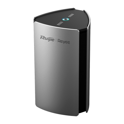 Dispositivo eletrônico cinzento e preto com texto Ruijie | Reyee e ícone azul no topo