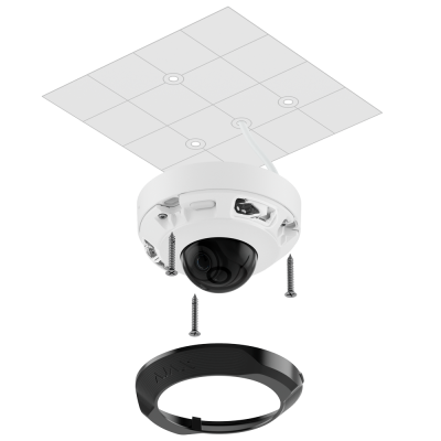Câmara de vigilância branca com lente em cúpula preta e anel de fixação preto suspensa no teto