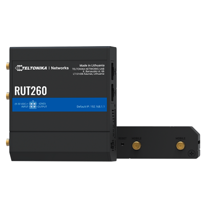 Roteador Teltonika RUT260 preto com detalhes em azul