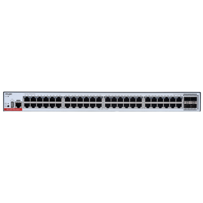 Comutador de rede com 48 portas Ethernet e 4 portas SFP, painel frontal prateado e indicadores LED