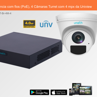 Sistema de Videovigilância com fios (PoE), 4 Câmaras Turret com 4 mpx da Uniview