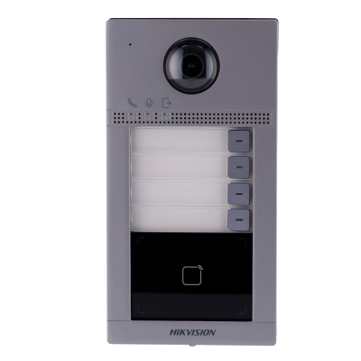 Intercomunicador vídeo cinza com câmara, botões e ícones Hikvision