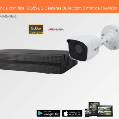 Sistema de Videovigilância com fios (RG59), 2 Câmaras Bullet com 5 mpx da Hikvision