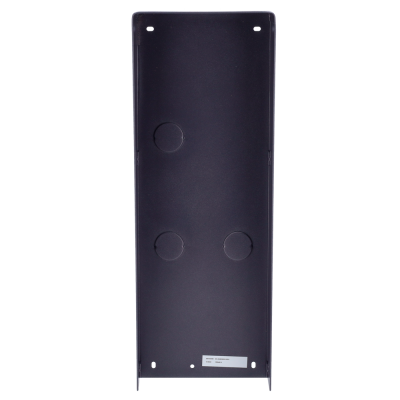 Painel traseiro metálico preto com etiqueta branca e áreas circulares salientes