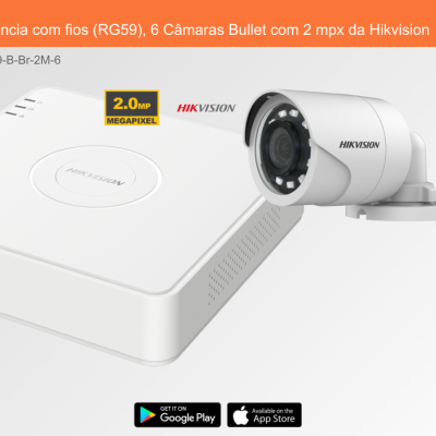 Sistema de Videovigilância com fios (RG59), 6 Câmaras Bullet com 2 mpx da Hikvision Sistema de Videovigilância com fios (RG59), 6 Câmaras Bullet com 2 mpx da Hikvision