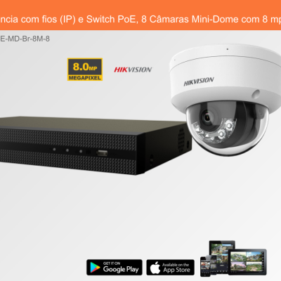 Sistema de Videovigilância com fios (IP) e Switch PoE, 8 Câmaras Mini-Dome com 8 mpx da Hikvision