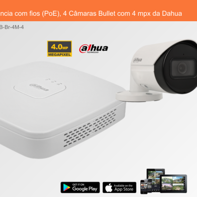 Sistema de Videovigilância com fios (PoE), 4 Câmaras Bullet com 4 mpx da Dahua