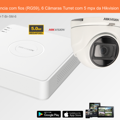 Sistema de Videovigilância com fios (RG59), 6 Câmaras Turret com 5 mpx da Hikvision
