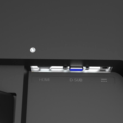 Portas HDMI e D-SUB de um dispositivo eletrónico preto