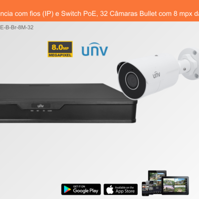 Sistema de Videovigilância com fios (IP) e Switch PoE, 32 Câmaras Bullet com 8 mpx da Uniview
