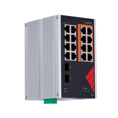 Equipamento de rede Safire, caixa metálica com 16 portas Ethernet e 2 portas SFP
