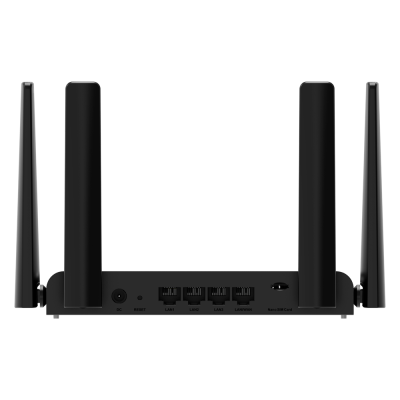 Roteador wireless preto com antenas e várias portas