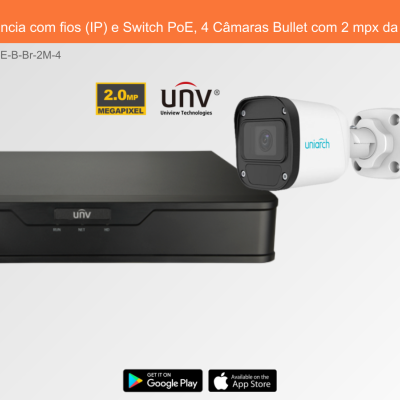 Sistema de Videovigilância com fios (IP) e Switch PoE, 4 Câmaras Bullet com 2 mpx da Uniview