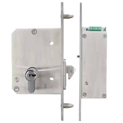 Fechadura elétrica de aço inoxidável com cilindro e patilha, de embutir, vista frontal e lateral